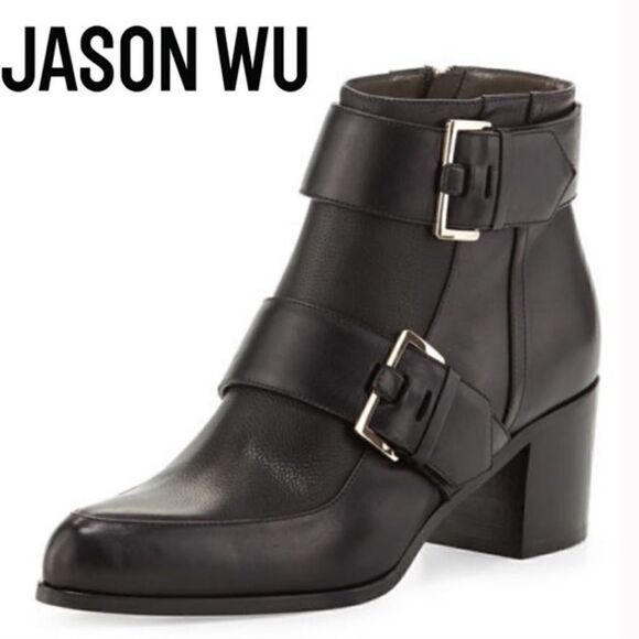 Jason Wu Double Buckle Pointed Toe Leather Booties - Picture 1 of 12
